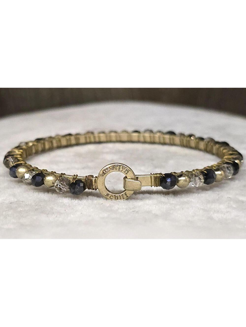 Marlyn Schiff Gold Tone Bead Wrapped Bangle Bracelet Hook Opening Black Gray